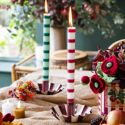 Burgundy & White Stripe Dinner Candles