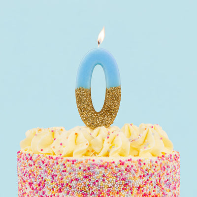 Blue & Gold Glitter Birthday Number Candle - 0