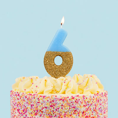 Blue & Gold Glitter Birthday Number Candle - 6