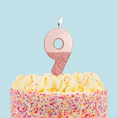 Rose Gold Glitter Birthday Number Candle - 9