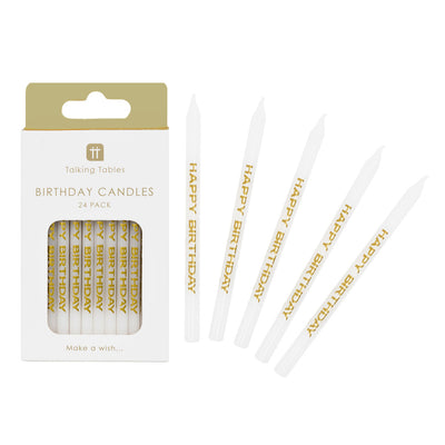 White & Gold Printed 'Happy Birthday' Candles - 24 Pack