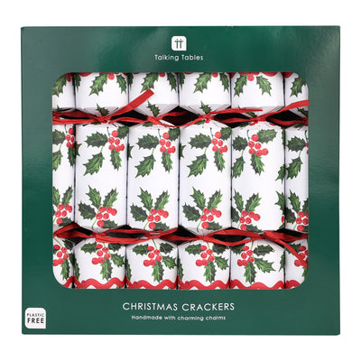 Holly White Christmas Crackers - 12 Pack