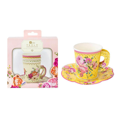 Yellow, Pink & Green Paper Teacups & Saucers - 12 pack