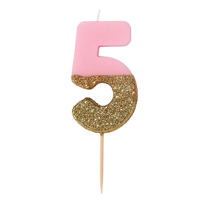 Pink & Gold Glitter Number Candle - 5