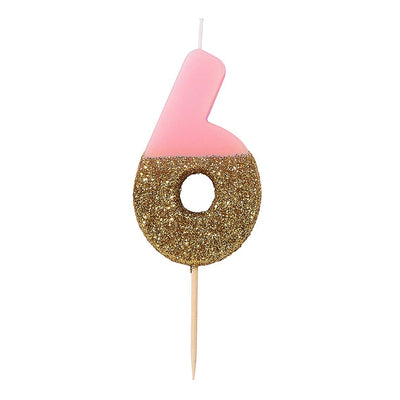 Pink & Gold Glitter Number Candle - 6