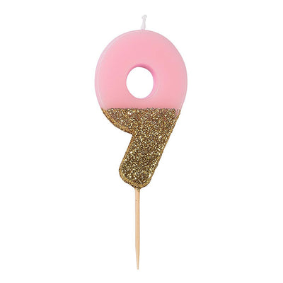 Pink & Gold Glitter Number Candle - 9