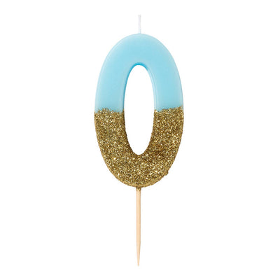 Blue & Gold Glitter Number Candle - 0