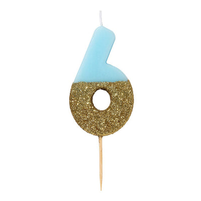 Blue & Gold Glitter Number Candle - 6