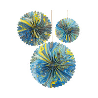 Marble Blue Paper Fan Decorations - 3 Pack