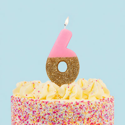 Pink & Gold Glitter Birthday Number Candle - 6
