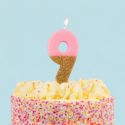 Pink & Gold Glitter Birthday Number Candle - 9