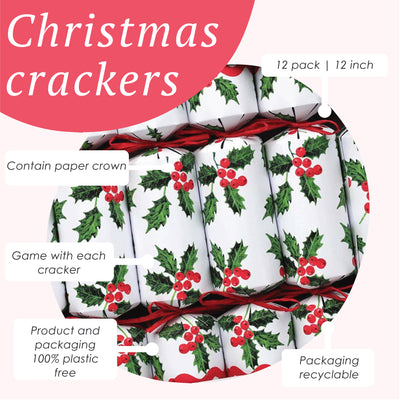 Holly White Christmas Crackers -  12 Pack