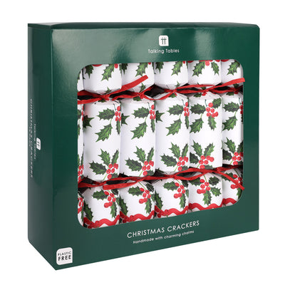 Holly White Christmas Crackers -  12 Pack
