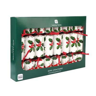 Holly White Mini Christmas Crackers - 8 Pack