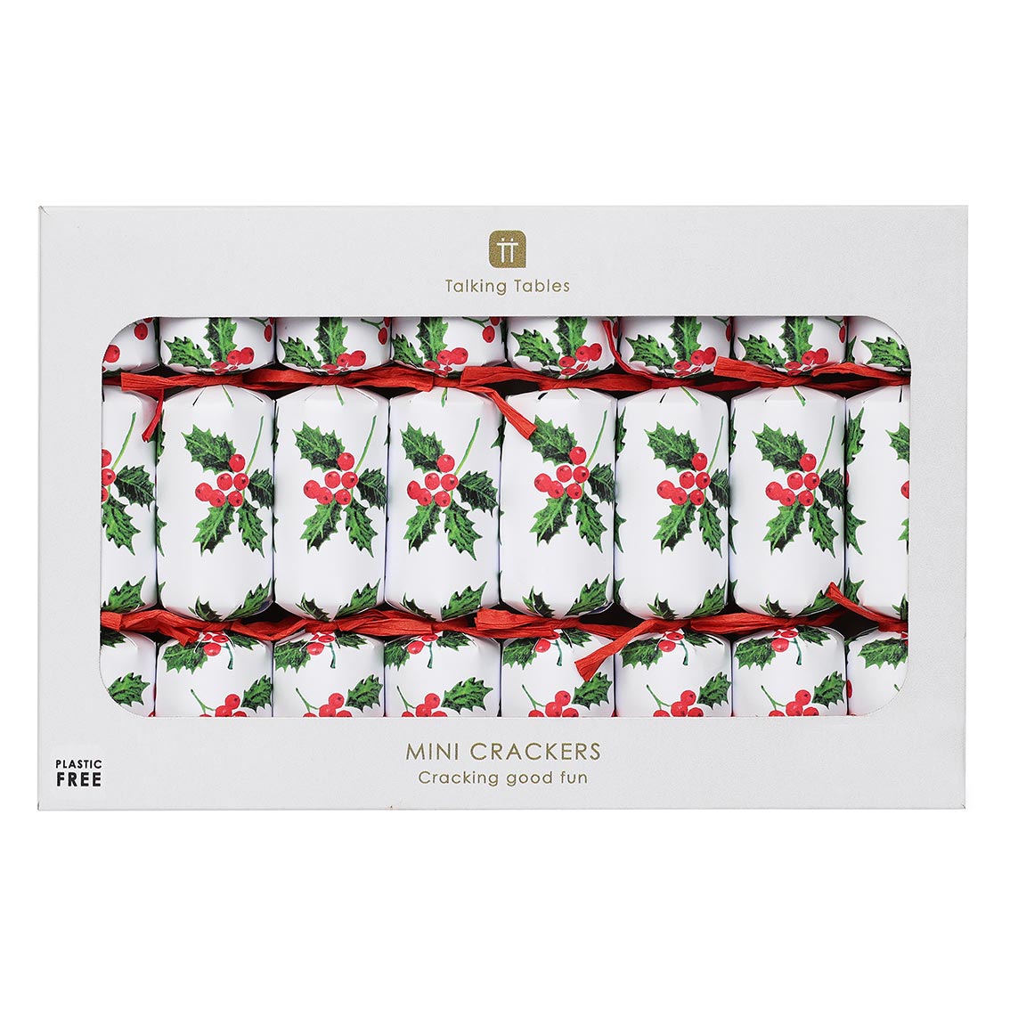 Holly White Mini Christmas Crackers 8 Pack Talking Tables UK Holly white mini christmas crackers 8 pack talking tables uk