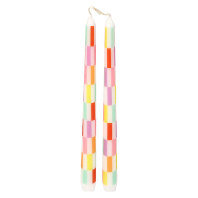 Multi Coloured Check Taper Dinner Candles - 2 Pack