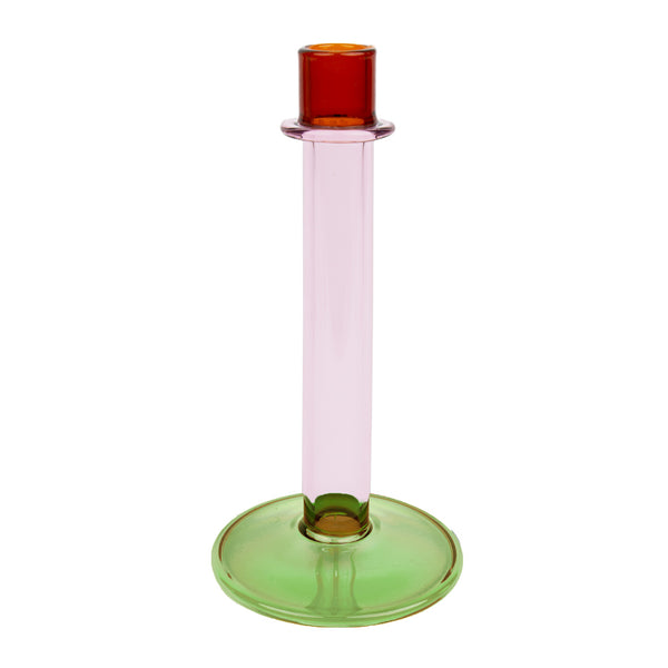 Tall Green, Orange & Pink Glass Dinner Candle Holder