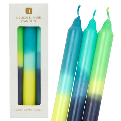 Ombre Blue, Yellow and Green Dinner Candles - 3 Pack