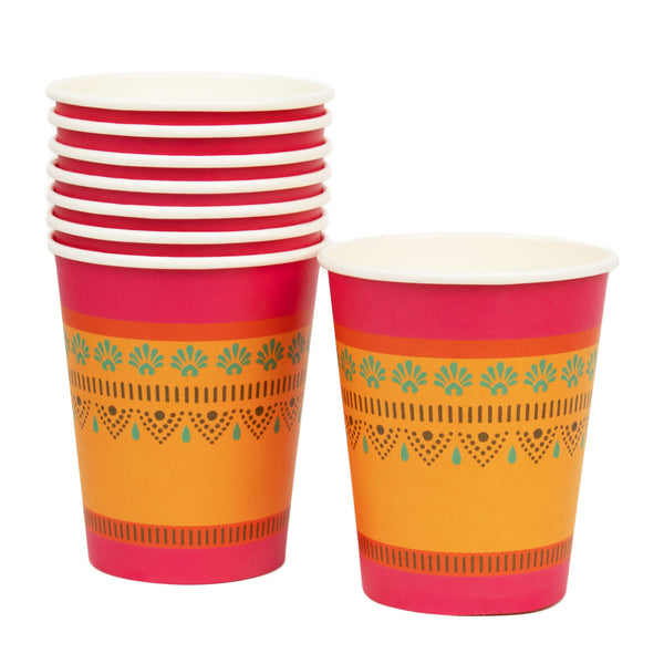 Diwali Pink, Yellow & Orange Paper Cups - 8 Pack