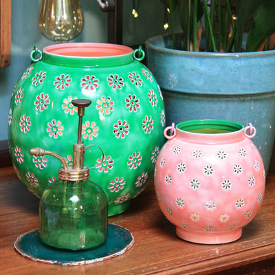 Pink & Green Metal Geometric Flower Lantern - Small
