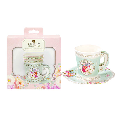 Mint Green Floral Paper Teacup & Saucer set - 12 pack