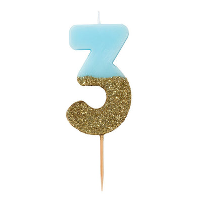 We Heart Birthday Glitter Number Candle Blue 3