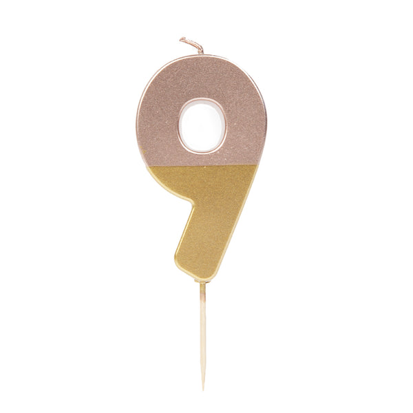 Rose Gold Dipped Number Candle - 9