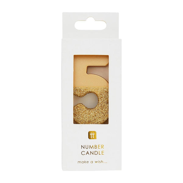 We Heart Birthdays Gold Glitter Number Candle 5 - Talking Tables UK
