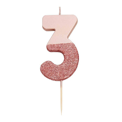 We Heart Birthdays Rose Gold Glitter Number Candle 3 - Talking Tables UK Public