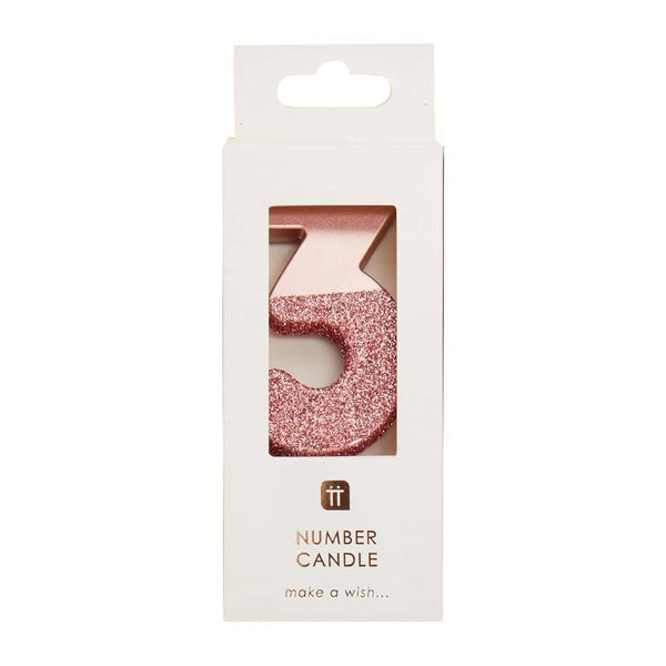 We Heart Birthdays Rose Gold Glitter Number Candle 3 - Talking Tables UK Public