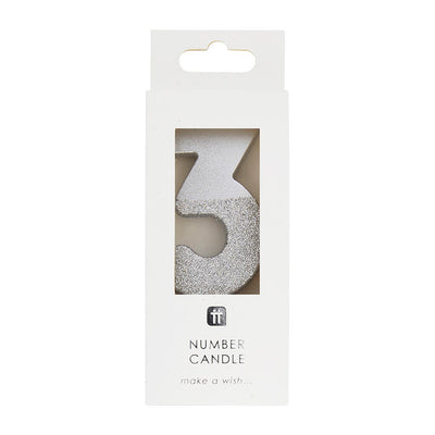 We Heart Birthdays Glitter Number Candle 3, Silver