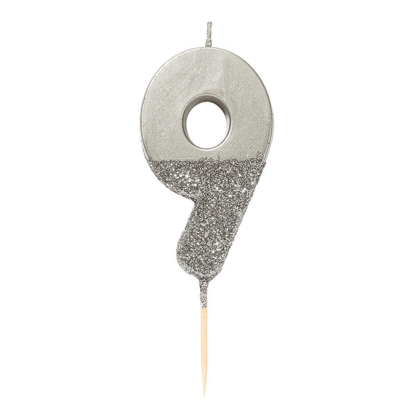 We Heart Birthdays Glitter Number Candle 9, Silver