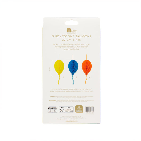 Birthday Balloons Bright Paper Honeycomb Decorations - 3 Pack