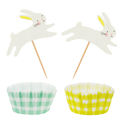 Yellow & Green Cupcake Cases & Bunny Toppers - 24 Set