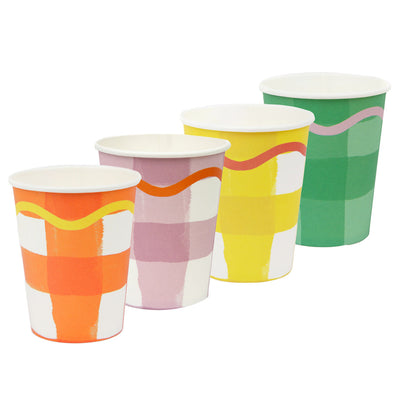 Multi-coloured Gingham Paper Cups- 8 Pack