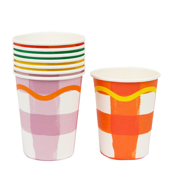 Multi-coloured Gingham Paper Cups- 8 Pack