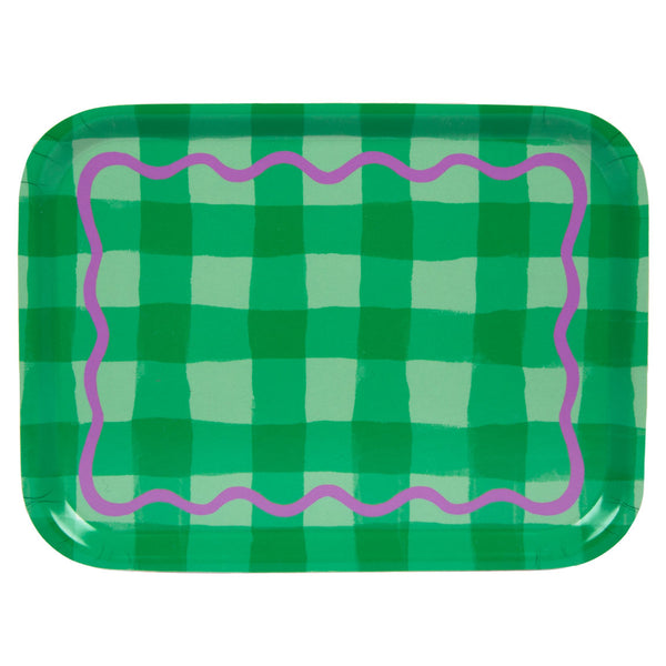 Green Gingham Wooden Serving Tray