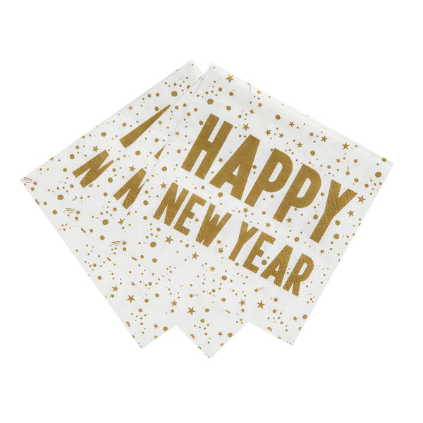 Gold 'Happy New Year' Cocktail Napkins, 25cm - 20 Pack