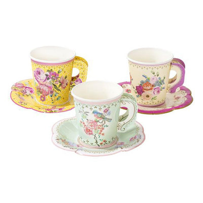 Yellow, Pink & Green Paper Teacups & Saucers - 12 pack