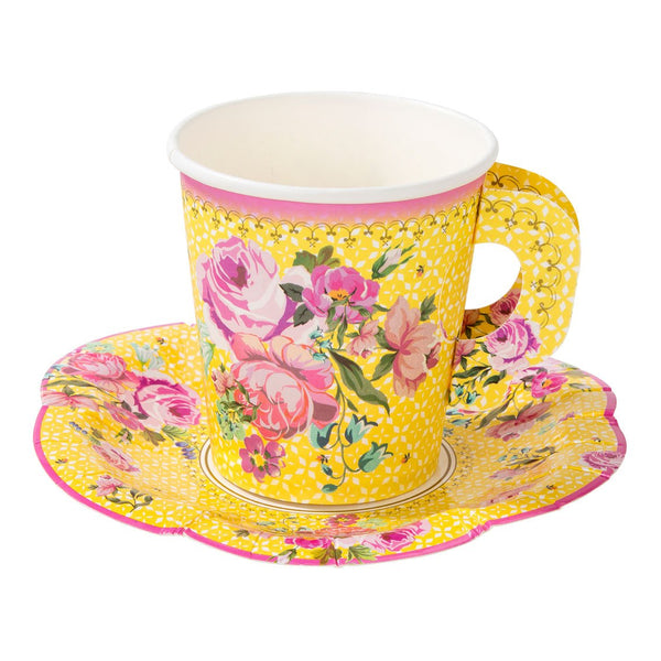 Yellow, Pink & Green Paper Teacups & Saucers - 12 pack