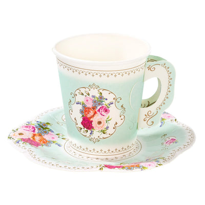 Mint Green Floral Paper Teacup & Saucer set - 12 pack