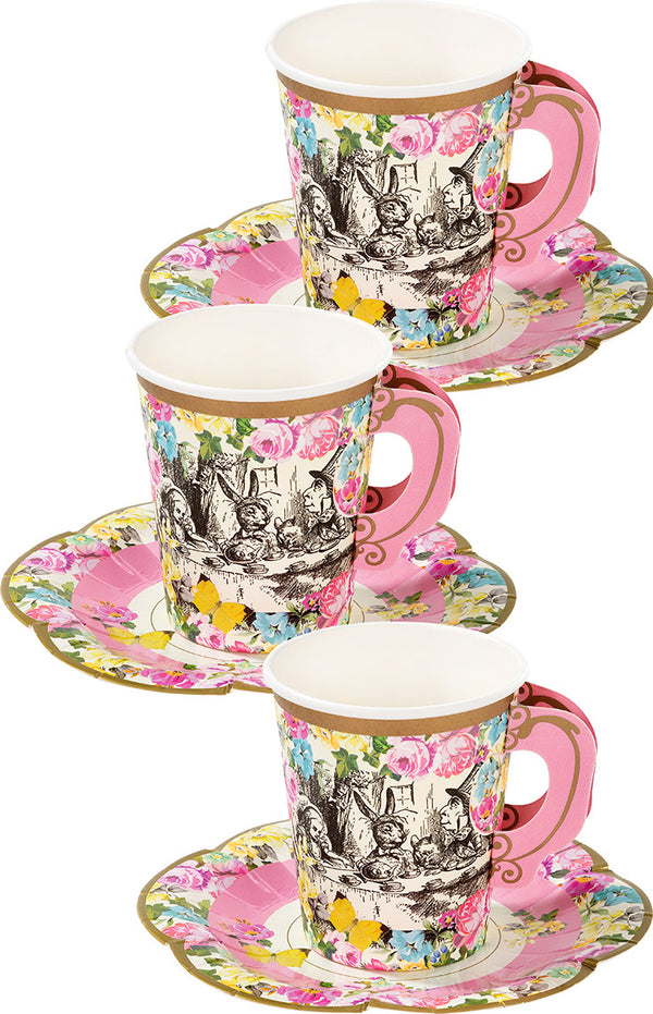 Pink Mad Hatters Tea Party Teacups & Saucers - 12 pack