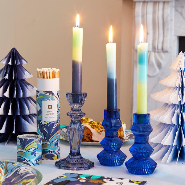 Geometric Cobalt Blue Glass Candlestick Holder