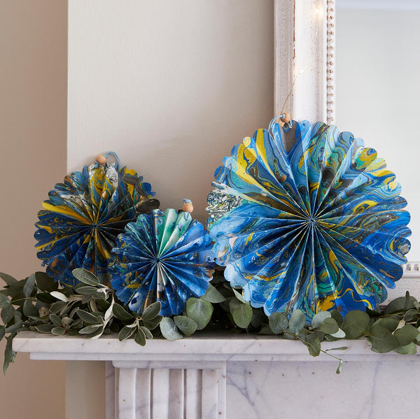 Marble Blue Paper Fan Decorations - 3 Pack